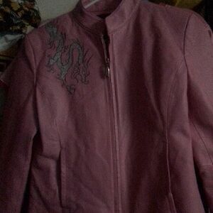 Elegant Pink Leather Jacket with Dragon Embroidery